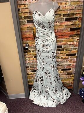 Portia and Scarlett light blue  Floral Satin Wrap-Style Gown